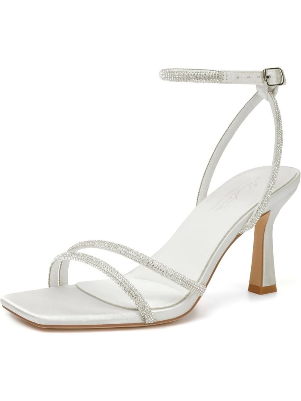 Womens White Sparkling Ankle Strap Lace Up Heel Square Open Toe High Heel Sandal